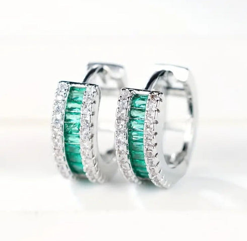 Iced Out 14K White Gold Plated Pave Green Cubic Zirconia Men Women Hoop Earrings
